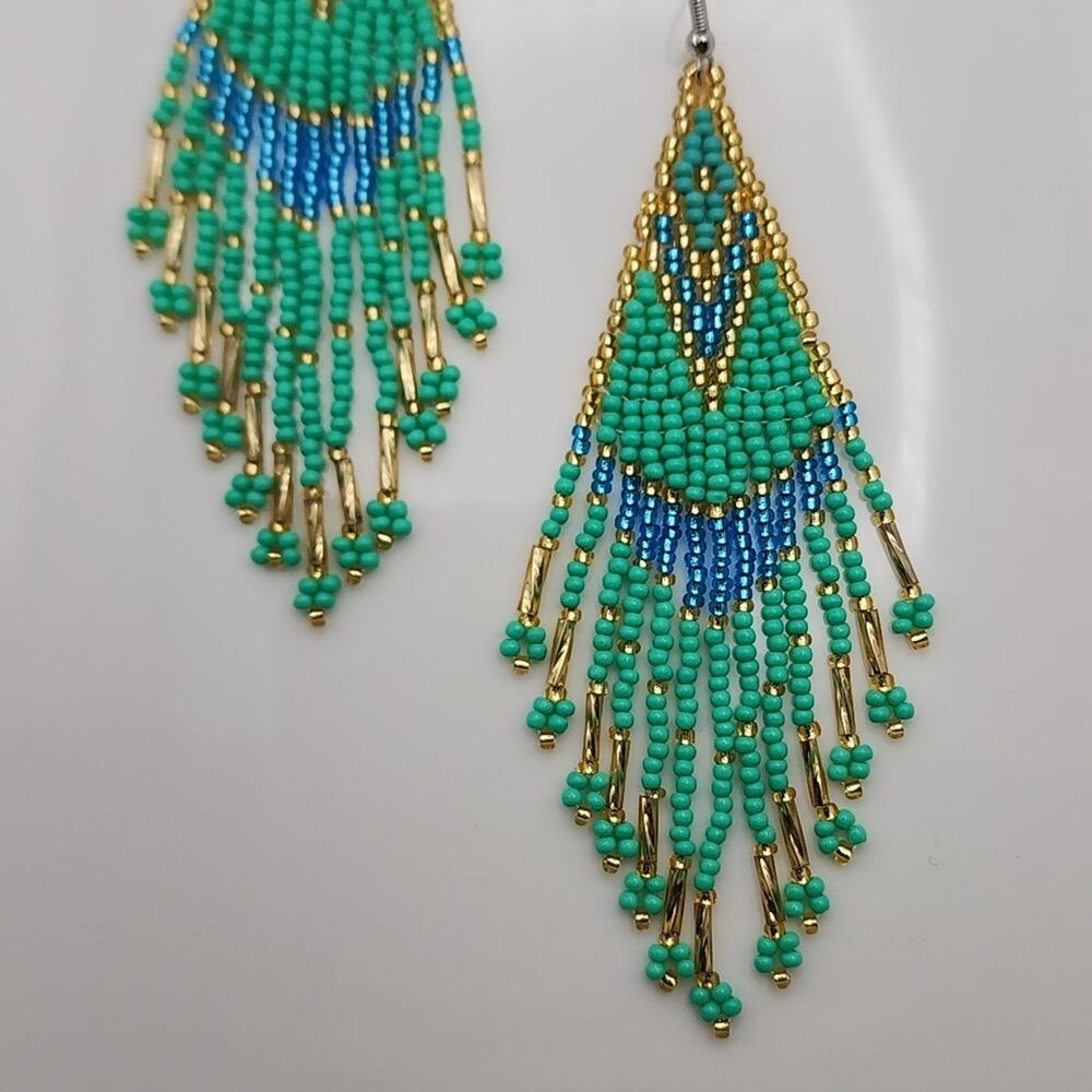 Free People Teal, Blue & Gold Beaded Fringe Earrings